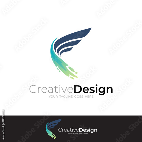 simple wing logo with water swoosh design template, blue color