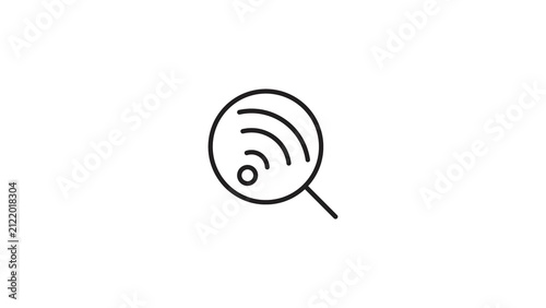 Wifi signal searching icon displayed inside a magnifying glass for wireless network scan.