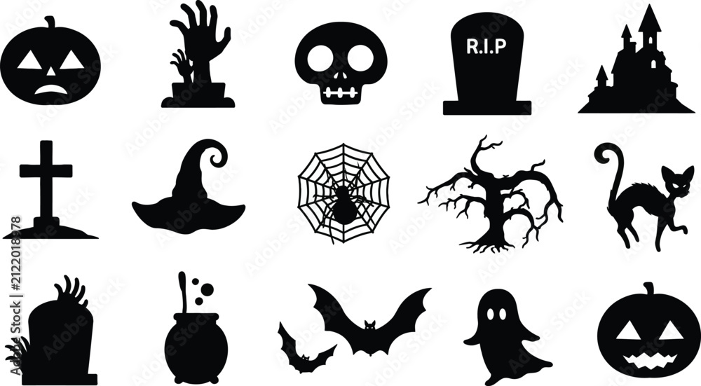 Fototapeta premium Halloween Silhouette Icons Set - Spooky Vector Illustrations of Haunted House, Scary Pumpkins, Bats, Ghost, Skull, Witch Hat, and Cemetery Elements for Creepy Holiday Graphic Design