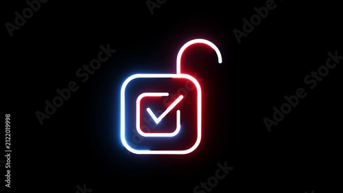 Neon unlocked padlock icon with checkmark glowing in blue and red lines on black surface.