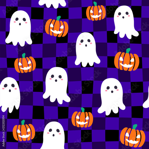 Cute Halloween Ghost and Pumpkin Checkerboard Pattern