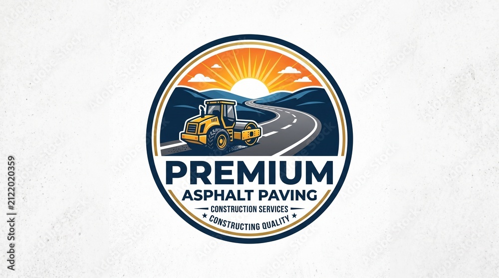 Obraz premium Professional Premium Asphalt Paving Service Badge Emblem Design Featuring Road Construction Machinery and Sunset Landscape Illustration