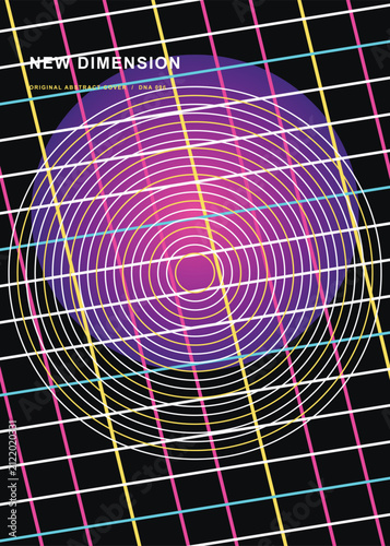 Retro 80s synthwave poster with neon grid and circular patterns