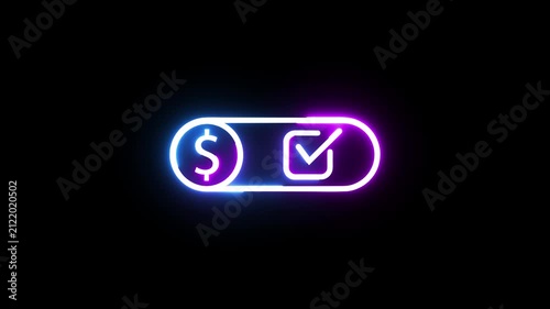 Neon glowing button with dollar sign and checkmark icon for business financial payment web.