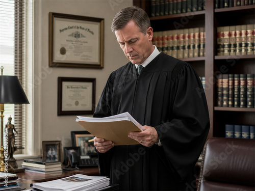 Judicial review conducted by a judge reading legal documents in a law office with bookshelves and framed certificates representing court procedure legal analysis and careful examination of a case