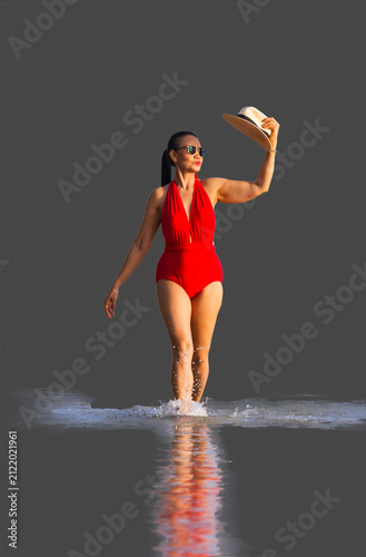 Woman tall with red swimsuit beautiful isolate