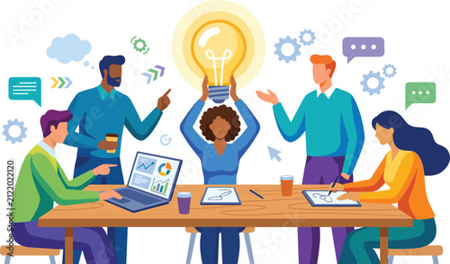 Brainstorming teamwork, creative collaboration, idea generation, workplace success, innovation icons, modern design, productivity tools, leadership skills, motivation growth, communication