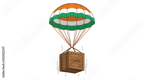 Wooden Crate Delivery with Orange White and Green Parachute Falling from the Sky for Logistics and Air Supply Service