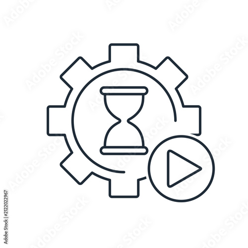 Gear wheel with hourglass and play button concept representing repeating, resuming, or reproducing a workflow, operation, or automated task.