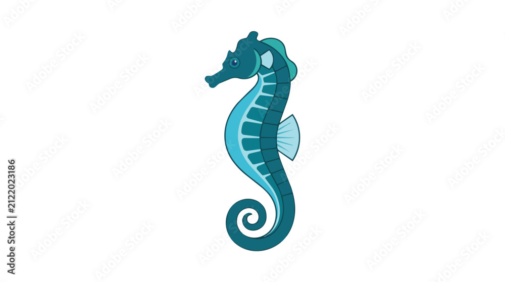 Fototapeta premium Cute Blue Seahorse Character Illustration with Curled Tail and Dorsal Fin Isolated on White for Marine Life Themes