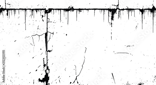 Grunge black and white texture with concrete wall cracks. Monochrome industrial wall texture with vertical liquid stains