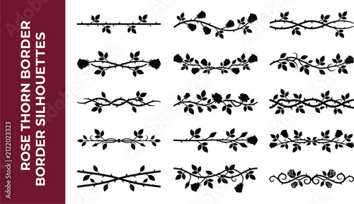 Black silhouette rose thorn vine borders and floral horizontal dividers set isolated on a white background for decorative page accents.