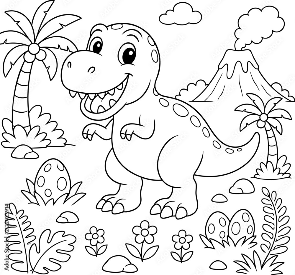 Obraz premium Cute Tyrannosaurus Rex dinosaur coloring book character illustration on white background