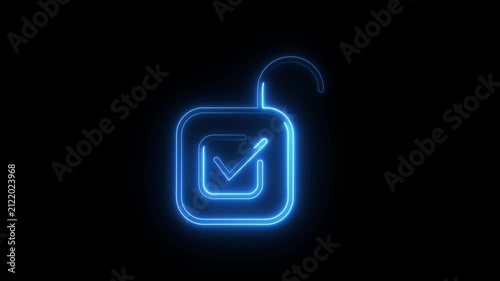 Neon blue padlock icon with checkmark symbol appearing on black background motion design.