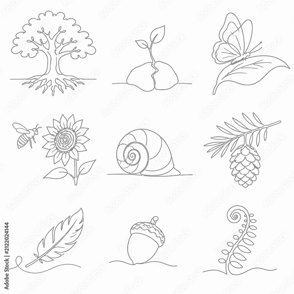 Obraz premium Minimalist continuous line art set featuring nature elements: rooted tree, sprouting plant, butterfly, bee with sunflower, snail shell, pinecone branch, feather, acorn, and fern frond icons.
