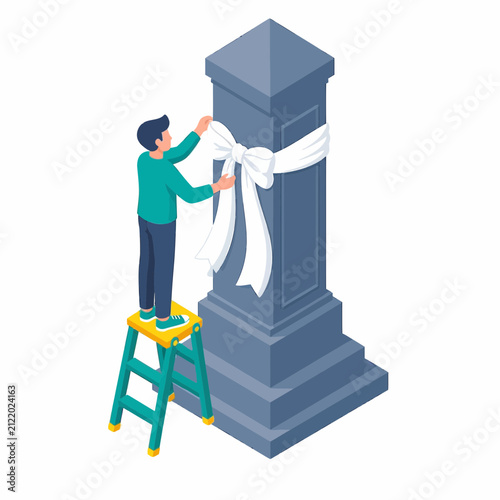 Isometric illustration of a man standing on a green step ladder tying a large white decorative ribbon bow around a tall grey stone monument or pedestal on a white background.