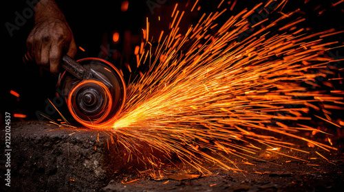 A close-up shot of a worker's hand using an angle grinder, creating a brilliant shower of sparks against a dark background.
