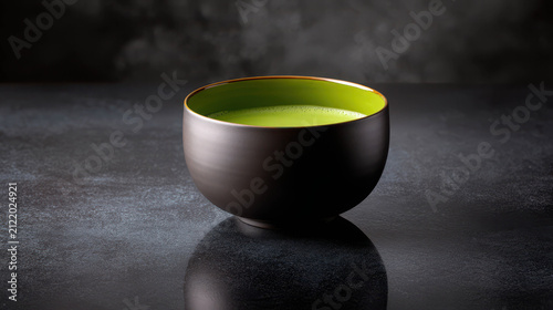 A steaming bowl of vibrant green matcha tea, a healthy and refreshing beverage, captured in a dark, moody setting