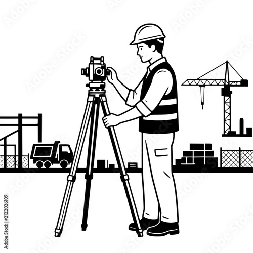 Black and white vector illustration of a male civil engineer using a surveying tripod and theodolite at a construction site