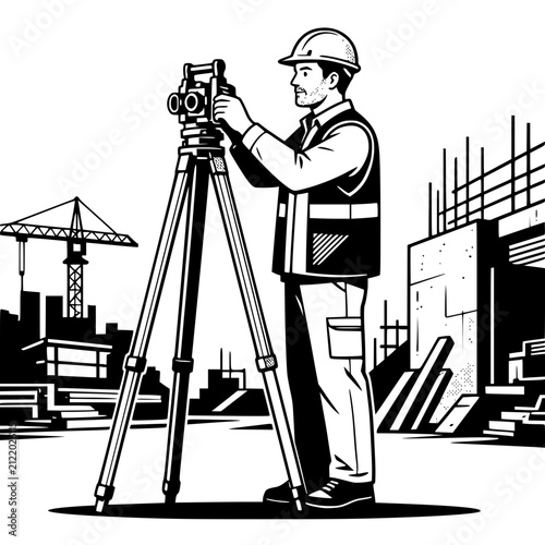 Black and white vector illustration of a male civil engineer using a surveying tripod and theodolite at a construction site