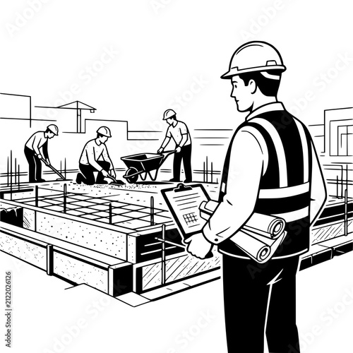 Black and white vector illustration of a male civil engineer supervising workers beside a concrete foundation project