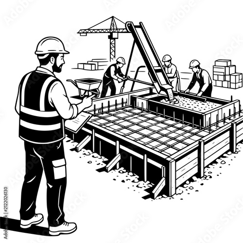 Black and white vector illustration of a male civil engineer supervising workers beside a concrete foundation project