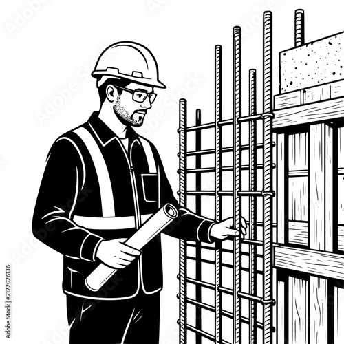 Black and white vector illustration of a male civil engineer examining reinforced steel bars before concrete pouring