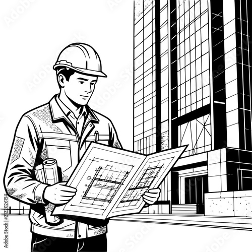 Black and white vector illustration of a male civil engineer checking structural drawings in front of a modern skyscraper