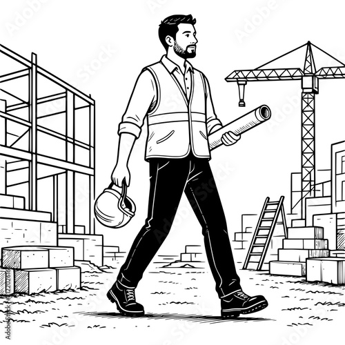 Black and white vector illustration of a male civil engineer walking through a construction site carrying a safety helmet and blueprint tube