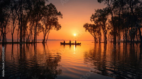 Three people in a canoe on a tranquil lake at sunset, surrounded by silhouetted trees. The warm, golden light of the setting sun reflects on the water, creating a serene and picturesque scene