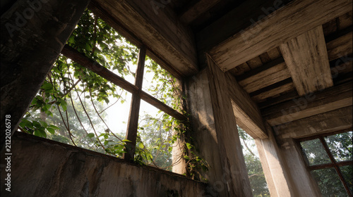An abandoned building overgrown with vines, with sunlight streaming through the windows