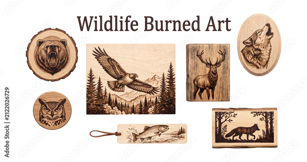 Fototapeta premium Wildlife burned art collection set with forest animal pyrography wood slices and plaques, realistic object collection on transparent