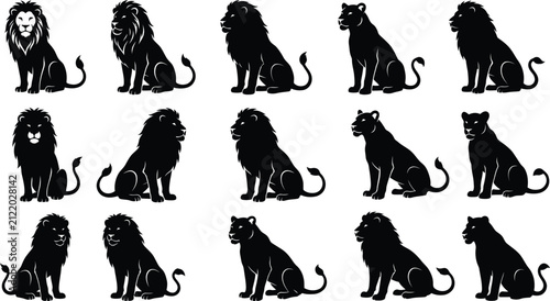 Photography Set of fifteen black lion and lioness silhouettes in various sitting positions,