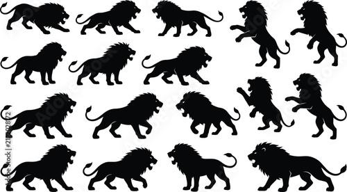 Obraz na płótnie Set of fifteen black lion silhouettes in dynamic walking, roaring, and rearing p
