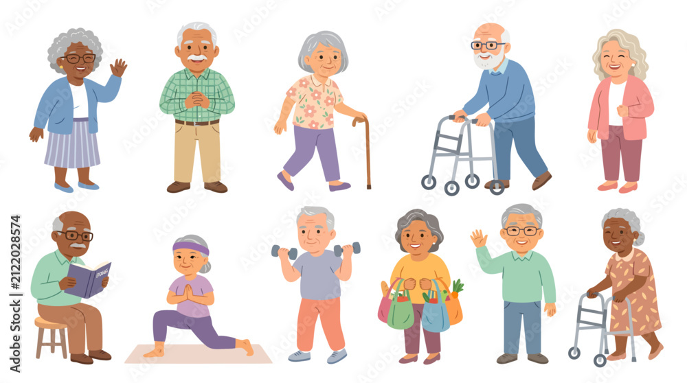 Fototapeta premium Friendly senior citizen character collection featuring elderly men and women walking, waving, using walking aids and smiling