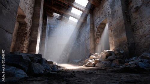 Sunlight streaming through the roof of an ancient, ruined building, illuminating dust motes in the air