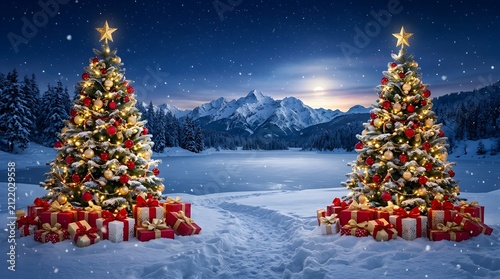 A magical winter landscape featuring two beautifully decorated christmas trees with glowing lights and gift boxes as a festive holiday christmas background scene