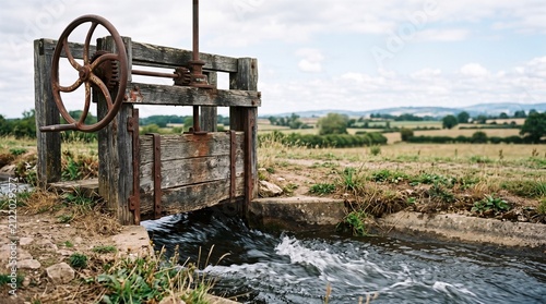 Old Irrigation Canal Gate Mechanism with Rusted Metal, Weathered Wood and Flowing Water | Rustic Agricultural Infrastructure