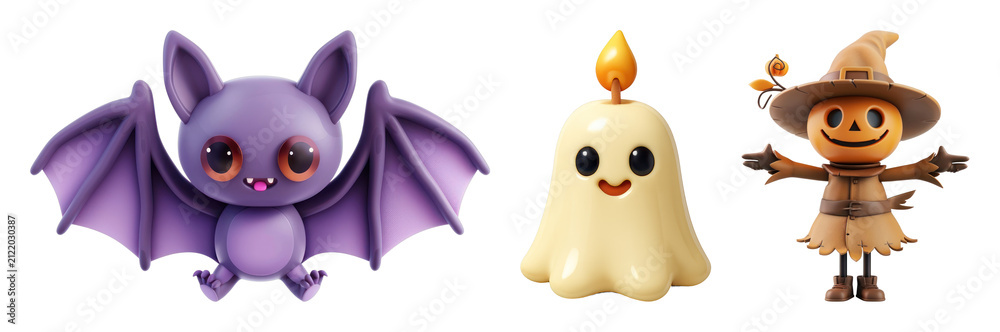 Fototapeta premium PNG Cute Halloween characters with bat, ghost, scarecrow on transparent background