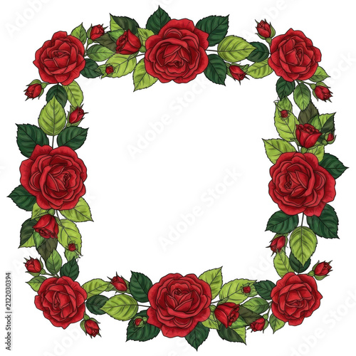 Red roses forming a decorative square frame on white background isolated on transparent background