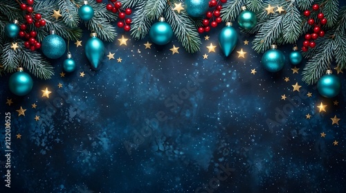 Elegant dark blue christmas background featuring festive teal ornaments and glowing fairy lights arranged as a decorative border for holiday season greeting cards