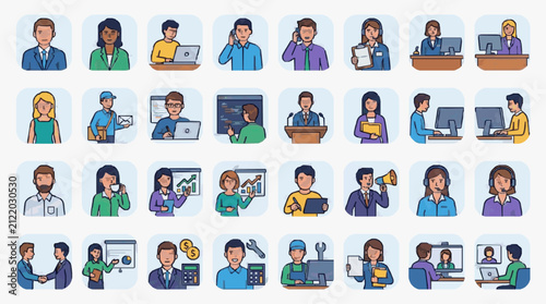 Creative Colorful Set of 40 Diverse Office Professionals Engaged in Various Business Activities and Roles