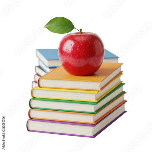 Stack of colorful books with apple on top isolated on white background isolated on transparent background