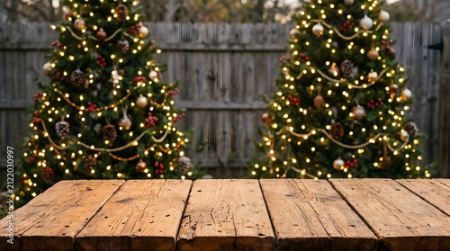 Empty rustic wooden table top for product display with a beautiful glowing christmas background featuring decorated trees and soft bokeh festive lights