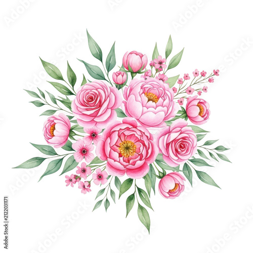 Watercolor bouquet of pink roses with green leaves and small flowers isolated on white isolated on transparent background