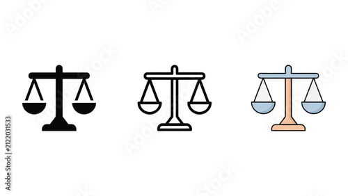 Balance scale icon set, justice and equality symbol in solid and outline styles for law and fairness.
