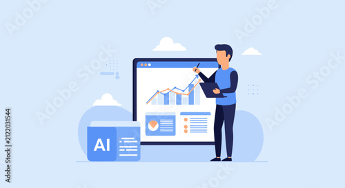 Man analyzing data on screen with AI icon, business growth concept