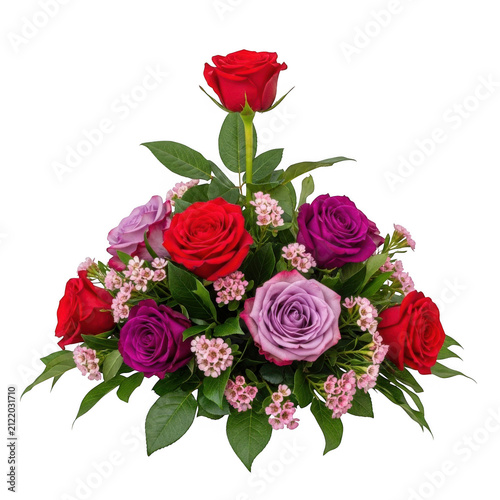 Beautiful bouquet of mixed roses in vibrant colors arranged neatly isolated on transparent background