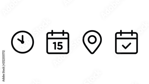 Time address and date icon set vector. Clock location and calendar icons collection for event calendar reminder business or meeting schedule