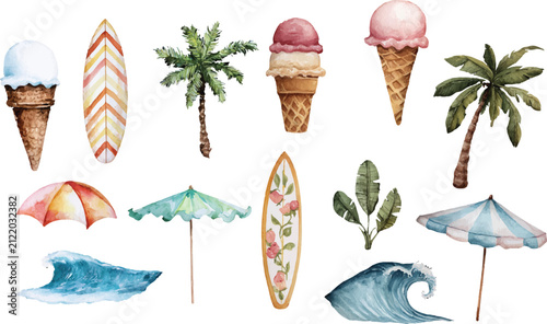 set of ice cream and fruits